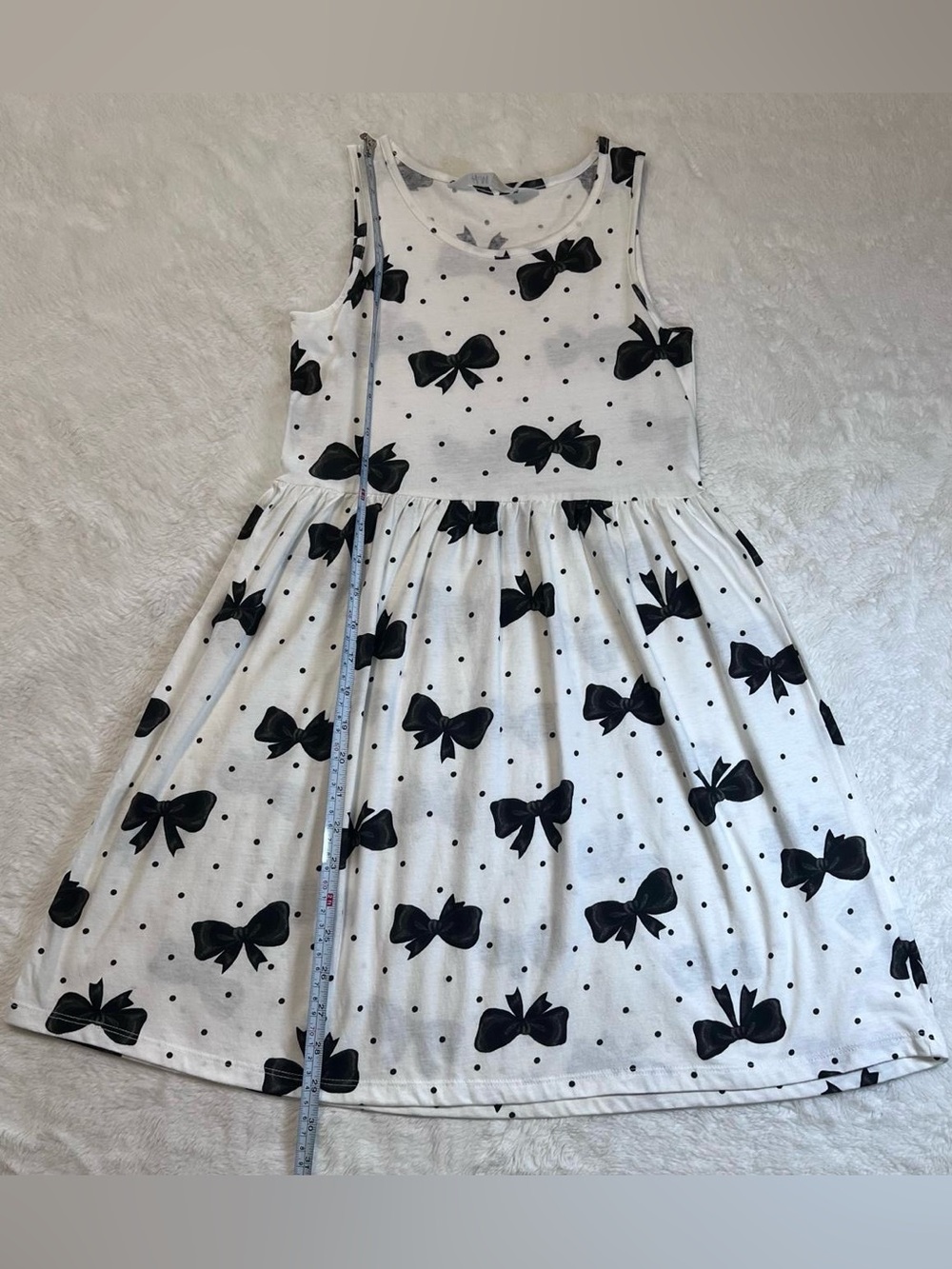 H&M White Sleeveless Dress with Black Bow & Polka Dot Print